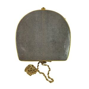 Vintage genuine LEATHER SCHOOL grey lizard round bag with gold chain link clutch